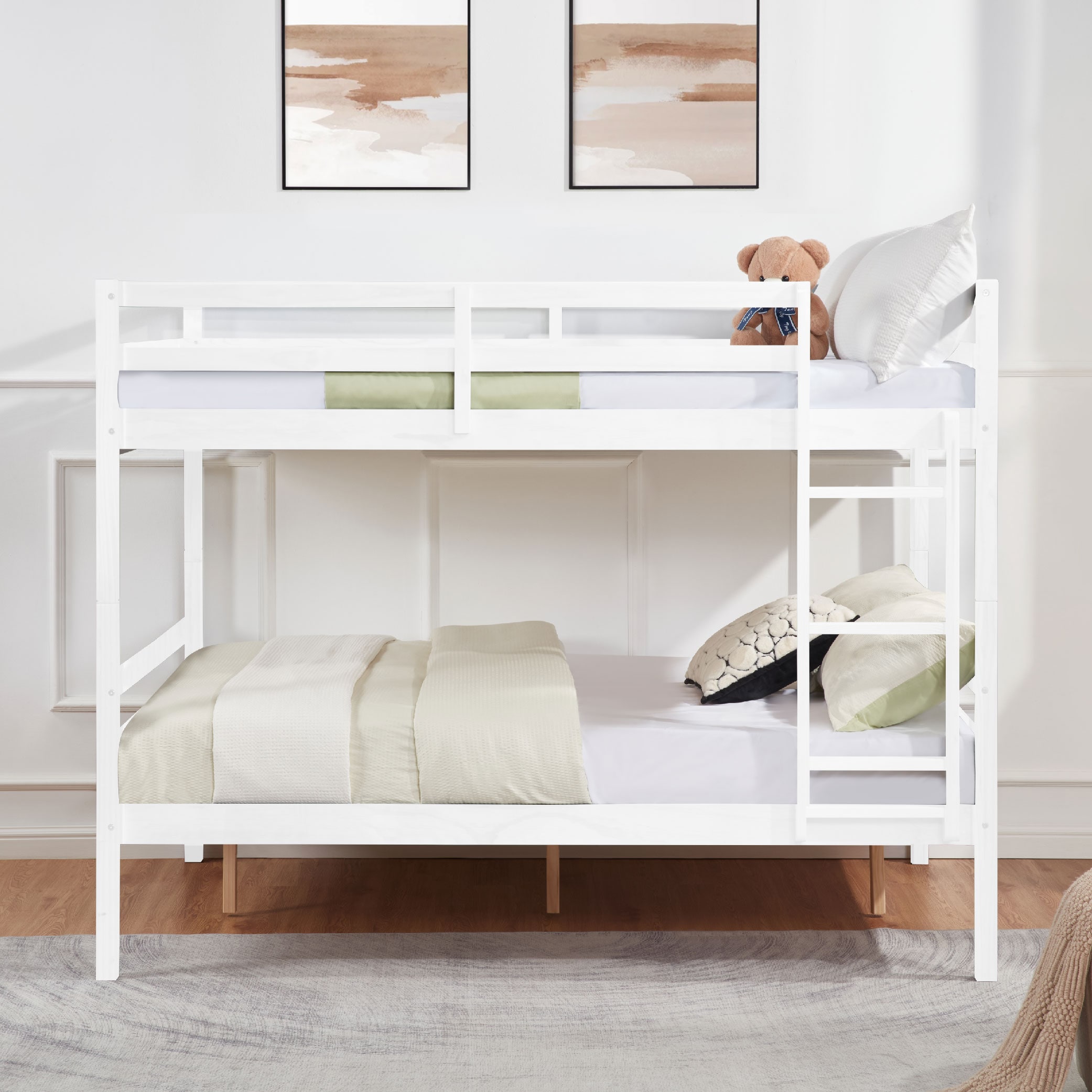 Full over Full Bunk Bed with Ladder,Wooden Bunk Bed with High Guardrail and Ladder for Kids, Teens, Dorm Rooms, and Guest Rooms,No Box Spring Needed,White Full over Full Bunk Bed with Ladder,Wooden Bunk Bed with High Guardrail and Ladder for Kids, Teens, Dorm Rooms, and Guest Rooms,No Box Spring Needed,White